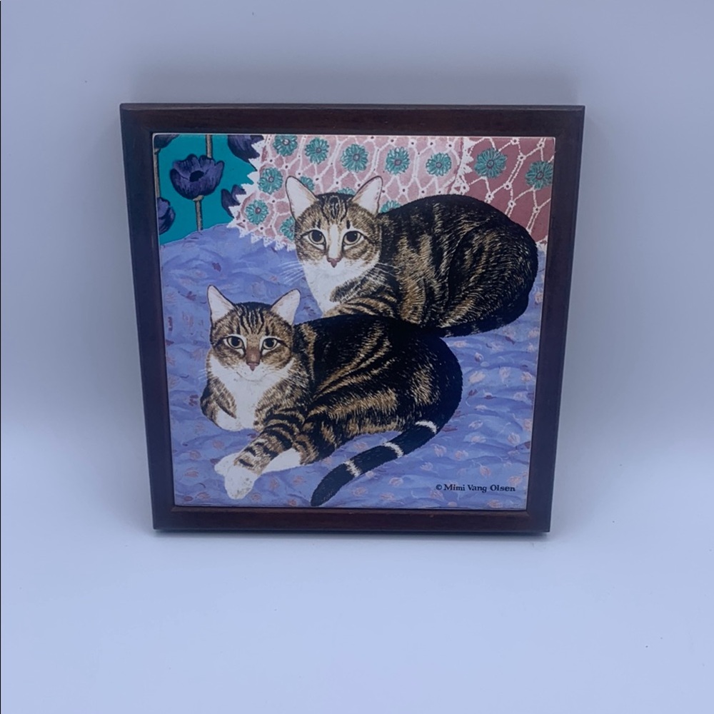 Vintage Orient Mimi Vang Olsen Pair of Black White Striped Cats Bed Tile Trivet